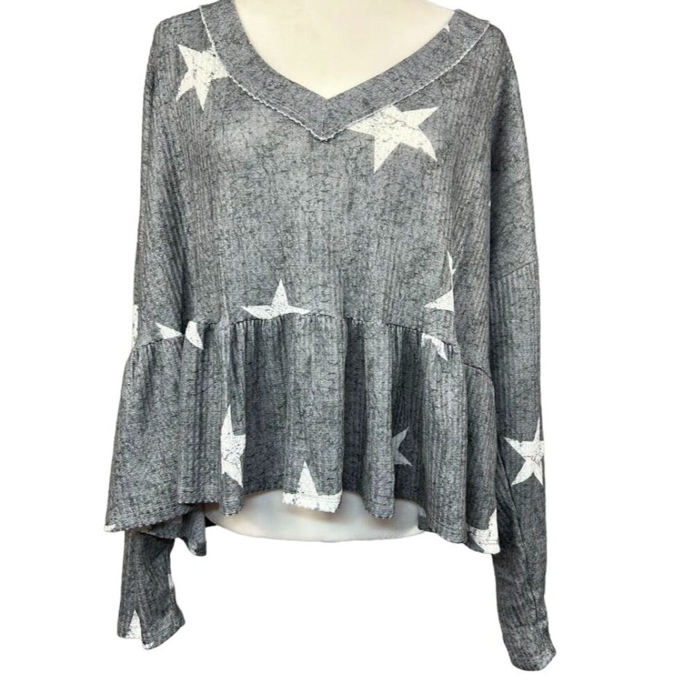 Altar'd State Gray and White Star V-neck Ruffle Bottom Top Size M
